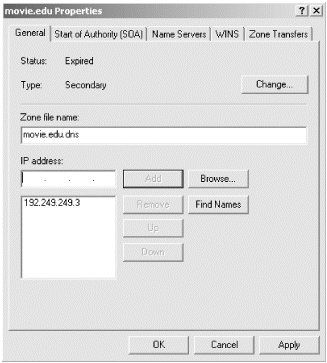 Figure 13-3: Zone properties window showing master server(s)