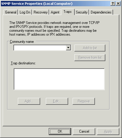 Figure B-7 The Traps tab for the SNMP service