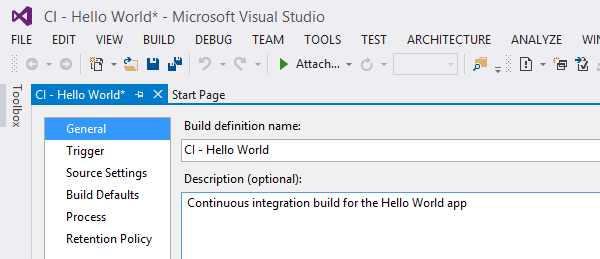 Name and optional description in the general tab of the build definition dialog