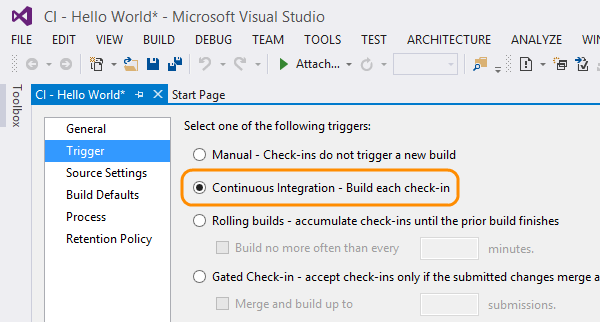 Continuous integration radio button in the trigger tab of the build definition dialog