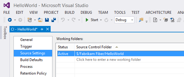 Use default folders in the workspace tab of the build definition dialog
