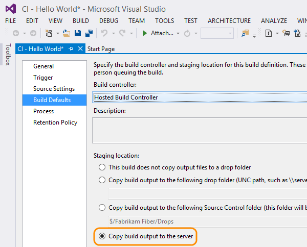 Choose hosted build controller, and copy build output to source control in the build defaults tab of the build definition dialog