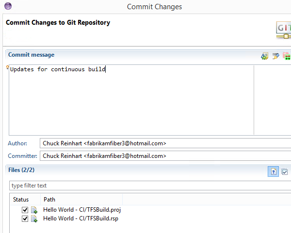 Choose Commit to save changes to Git repository
