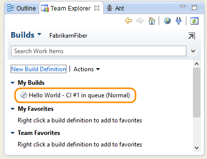 Builds Tab of Team Explorer shows queued build