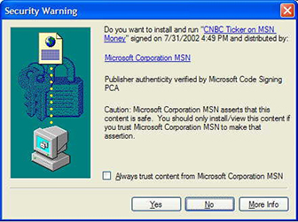Figure 6.2 The Security Warning dialog box that shows the trusted publisher