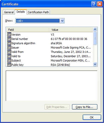 Figure 6.3 The Details tab of the Certificate dialog box