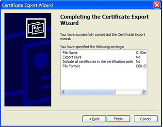 Figure 6.7 The Certificate Export Wizard Completion page that shows the specified settings