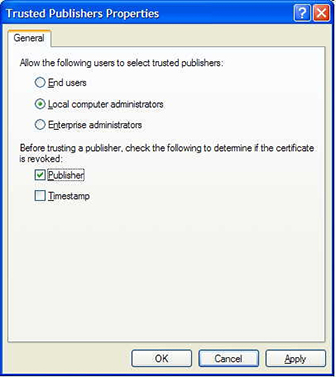 Figure 6.10 The Trusted Publisher Properties dialog box
