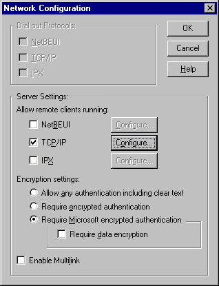 Figure D: The Network Configuration dialog box enables you to determine how RAS will interact with the network.
