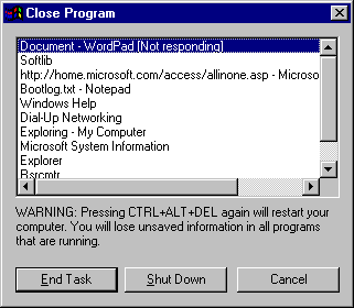 Figure 16-13: This dialog box, which appears when you press Ctrl+Alt+Delete, gives you a safe way to close a misbehaving program.
