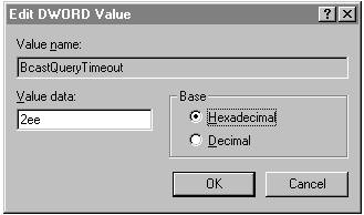 Figure 6.6: Edit DWORD Value window to modify BcastQueryTimeout.