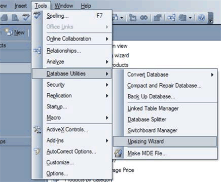Figure&nbsp;5&nbsp;&nbsp;&nbsp;Run the Upsizing Wizard by opening the database to upsize and selecting the option from the Tools menu
