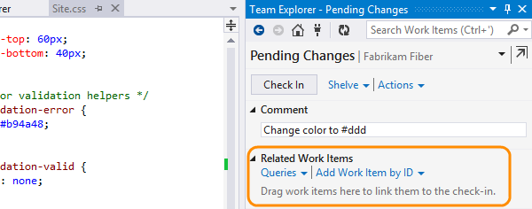 Related work items in pending changes