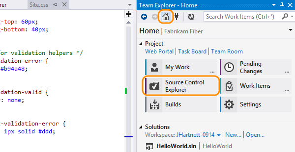 Source control explorer in the team explorer home page