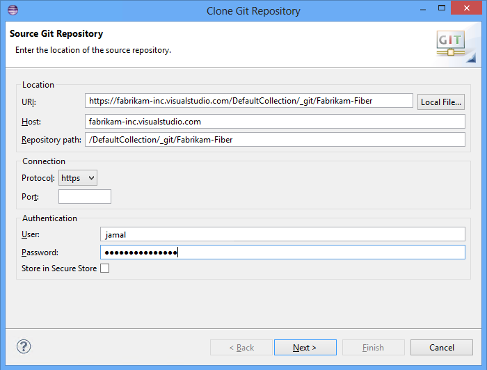 Clone Git repository dialog box with team project URL and alternate credentials provided
