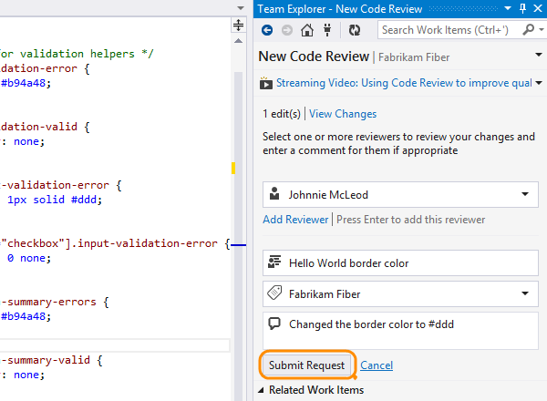 Submit request button on the filled out new code review page in the team explorer