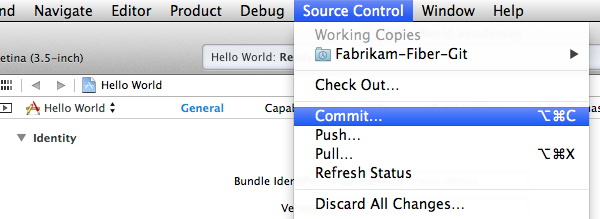Source Control menu, commit