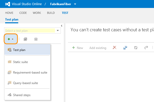 New button in the test plan explorer pane