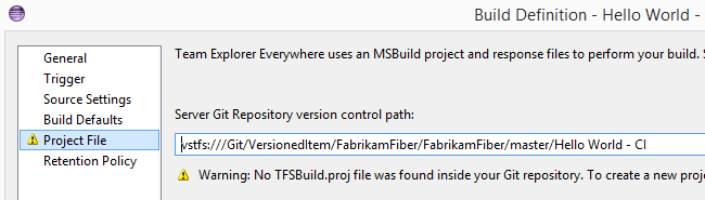 Create button in the project file tab of the build definition dialog box