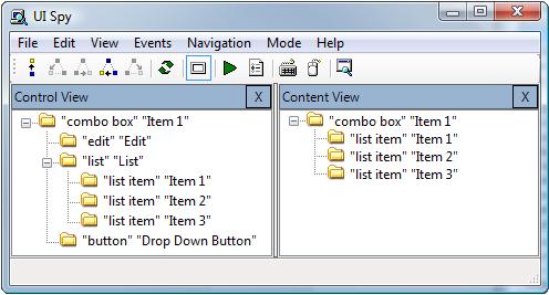 Control and content views of combo box UI items as they appear in the UISpy application.