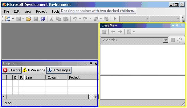 Docking example from Visual Studio where the "Class View" window is DockPosition_Right and the "Error List" window Is DockPosition_Bottom.
