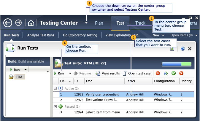Selecting test to run in Microsoft Test Manager