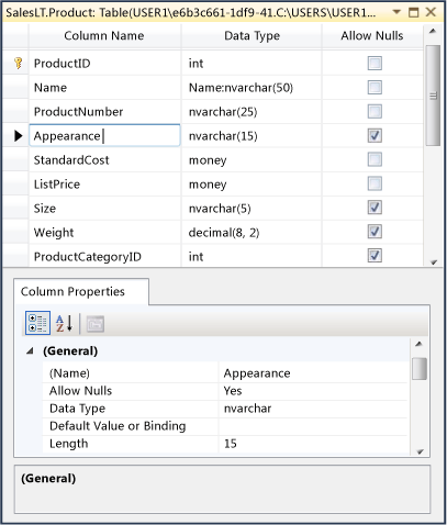 Database table properties windows
