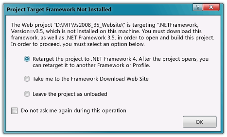 Project Target Framework Not Installed dialog box