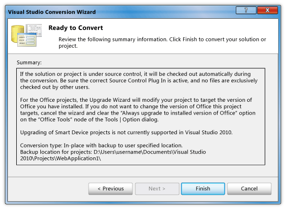 Visual Studio Conversion Wizard Ready dialog box