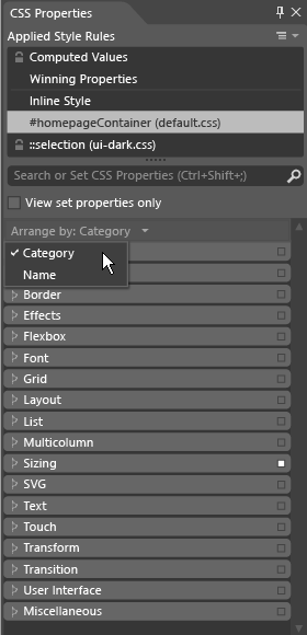 Blend - CSS Properties panel Arrange By option