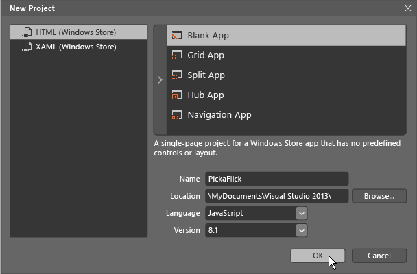 Blend New Project dialog box