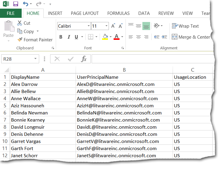 Lync Online user data displayed in Excel.