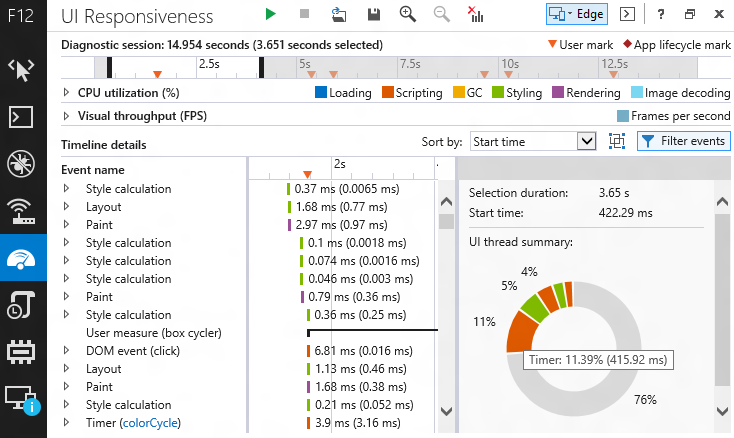 demonstrating the selection summary in the UI Responsiveness tool