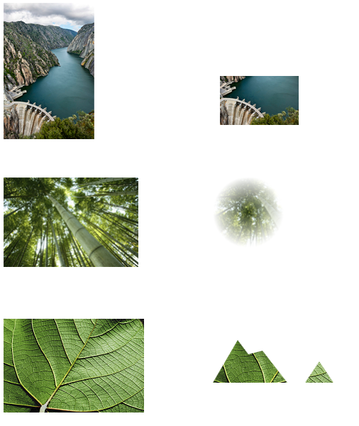 Illustrations of three bitmaps and the resulting images after content bounds, opacity masks, or geometric masks are applied to them