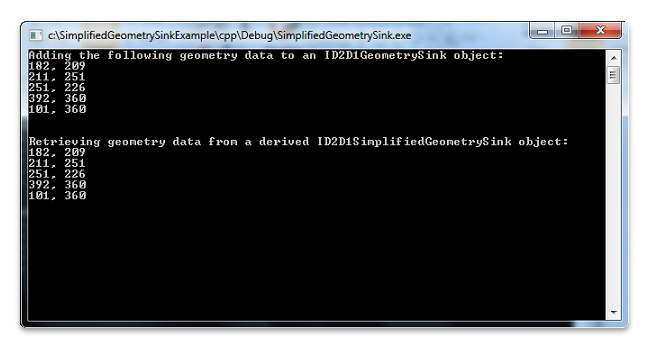 Screen shot of a Command Prompt window for adding and retrieving geometry data
