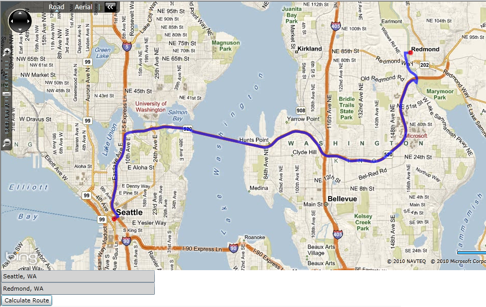 A route from Seattle to Redmond