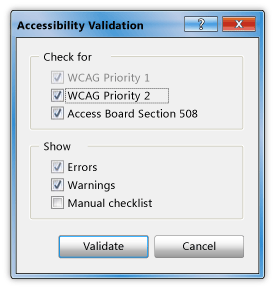 Accessibility Validation dialog box