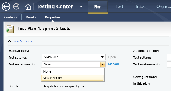 In test plan properties, choose a lab environment.