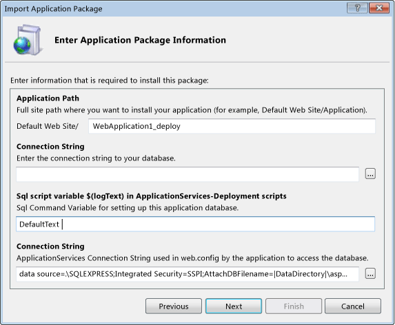IIS Manager Enter Package Information dialog box