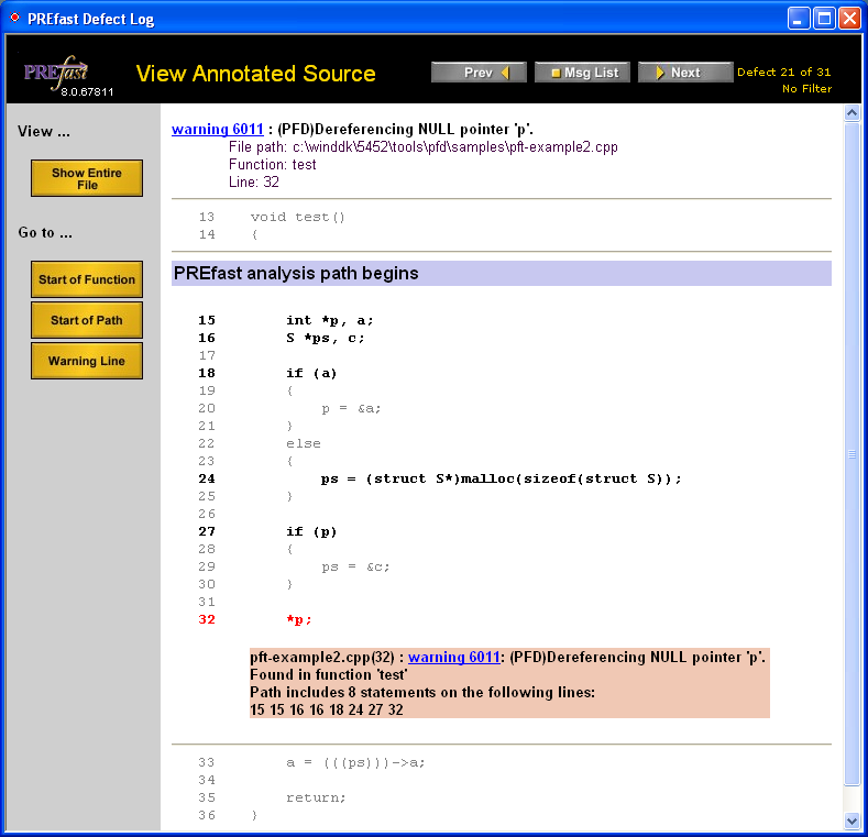 Screen shot showing warning 6011 for the test function in pft-example2.cpp