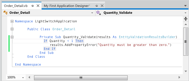 Writing validation code in the Code Editor