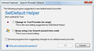 Screen shot of the search provider default dialog box