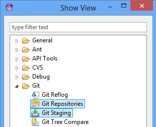 Show view dialog box, Git expanded, Git Resitories and Git Staging selected
