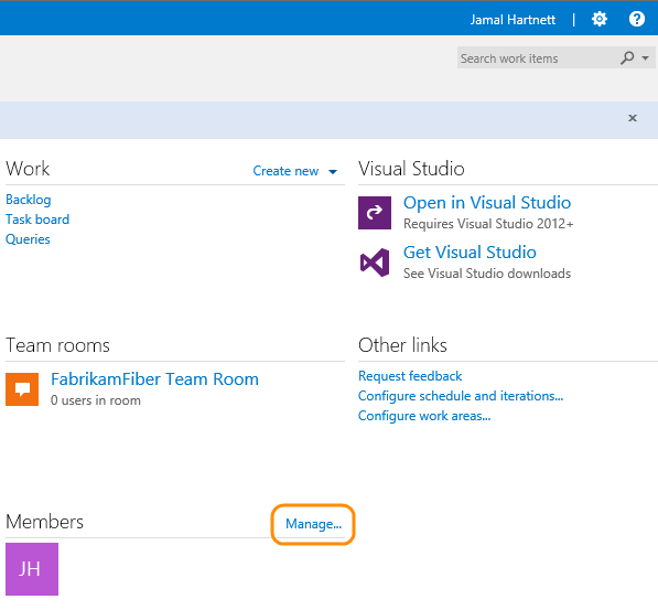 Manage link on team project home page