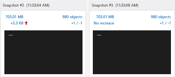 Snapshots showing the fixed memory leak