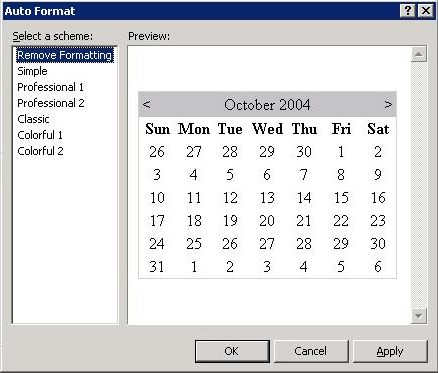 Auto Format dialog box (Calendar control)