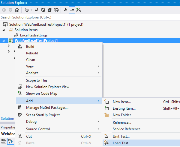 Use the context menu to add a load test to your project