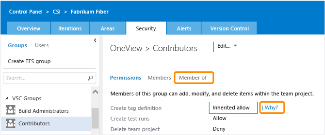 Security page, Contributor role, permissions