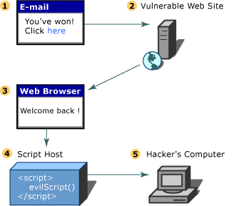 By clicking a link, instructions are sent to a Web server to generate a Web page with malicious script embedded. The browser runs this script from the trusted source and discloses the information to the hacker's computer.