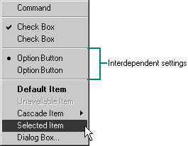 Selected option in a set of interdependent menu items